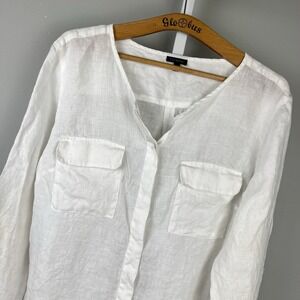 Talbots Linen Shirt Top Womens XL White Button Up Roll Tab Sleeve Coastal